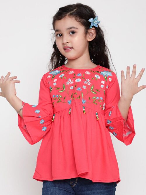 BAESD Girls Floral Embroidered Bell Sleeves Peplum Top