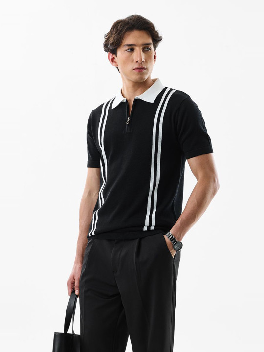 Snitch Men Black Vertical Striped Polo Collar Slim Fit T-shirt