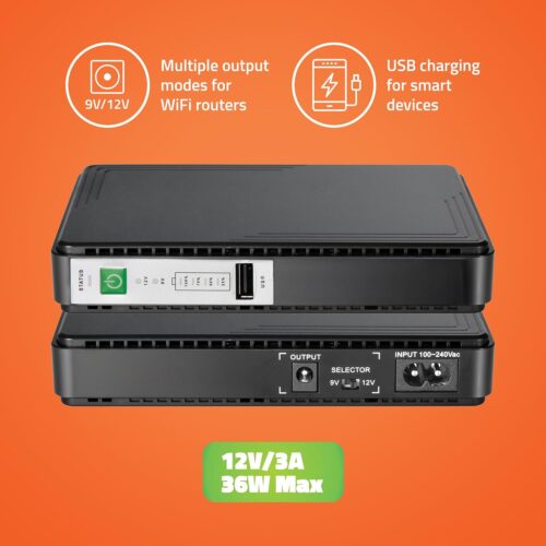 Artis AR-MINIDC-3 Mini UPS for WiFi Router/Modem/Set top Box Devices 8800mAh Battery. Supports 9V/12V-1A/1.5A/2A/2.5A and 3A Routers. USB Port Phone Charging.Battery Level...