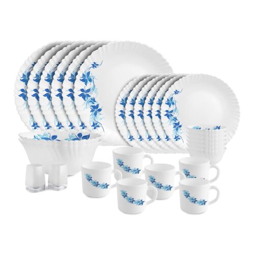 Cello Dazzle Series Blue Swirl Opalware Dinner Set | 28Pcs | White | Microwave & Dishwasher Safe | Light-Weight & Durable | Chip & Scratch Resistant | Best for Special Occasion...