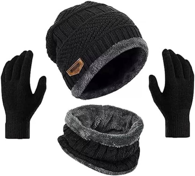 Reforce ® 3 PICS Beanie Hat Woolen Winter Cap with Neck Mufler & Hand Gloves Riding Gloves