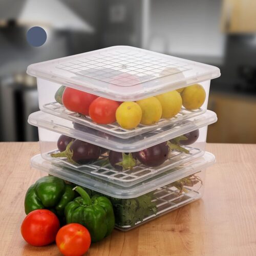 Fridge Storage Boxes Fridge Organizer with Removable Drain Plate and Lid Stackable Fridge Storage Freezer Storage Containers for Fish, Meat, Vegetables, Fruits (2500ML, Pack of 1)