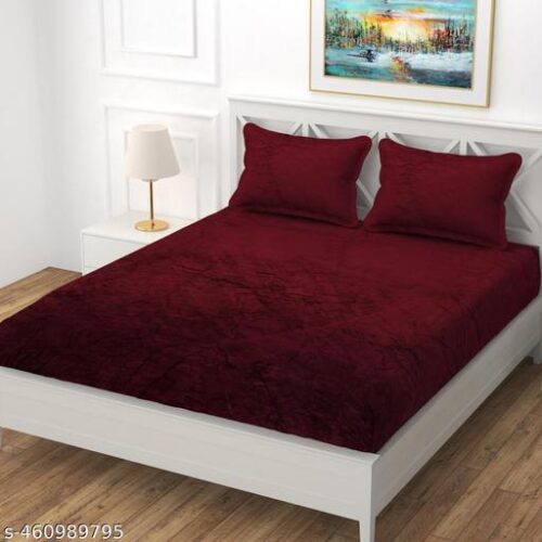 Velvet Elastic Fitted All Around King Size Double Bed Bedsheet wih 2 Pillow Cover