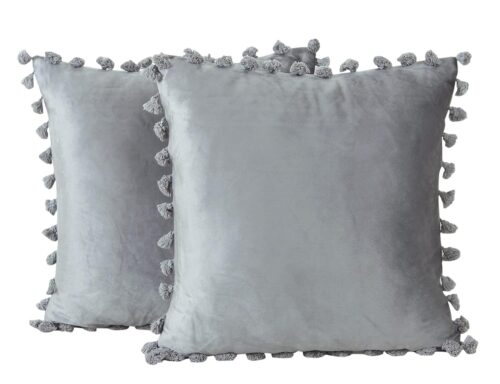 Pack of 2 Velvet Tassels Fringe Design Decorative Throw Pillow Covers Soft Solid Square Cushion Cover Pillow Decor, Silver,14 X 14 inches 35 x 35 cm