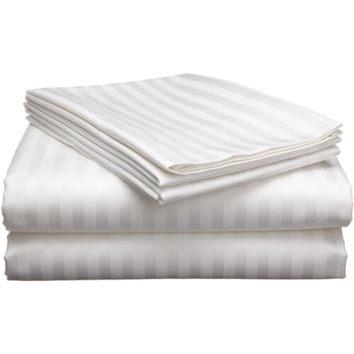 White Double Bed Striped Bedsheet 400 TC Cotton Satin Plain for Queen Size with Two Pillow Covers for Home-Hotels-Guest House-OYO Rooms