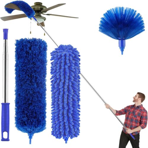 3 in 1 Long Handle Microfiber Feather Ceiling Duster with Extendable Pole 100 Inch with Anti Scratch Bendable Head for Cleaning High Cobweb Stick Ceiling Fan Cleaner Brush...