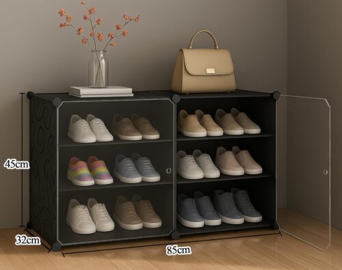 AYSIS Plastic Shoe Rack for Home | 𝟔 𝐒𝐡𝐞𝐥𝐟 DIY Shoe Rack with Door 𝐌𝐚𝐠𝐧𝐞𝐭𝐬 for Home Storage Plastic Box Organizer, Metal Door Frame, Chappal Slipper Sandals Stand (Black,...