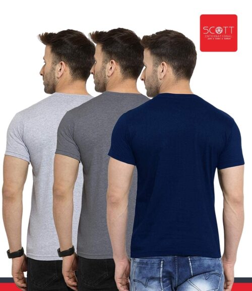 Scott International Men's Regular Fit T-Shirt - Cotton Blend, Half Sleeve, Round Neck, Stylish, Solid Plain T-Shirts for Men, Mens t Shirt - Pack of 3 (Black,White & Grey)