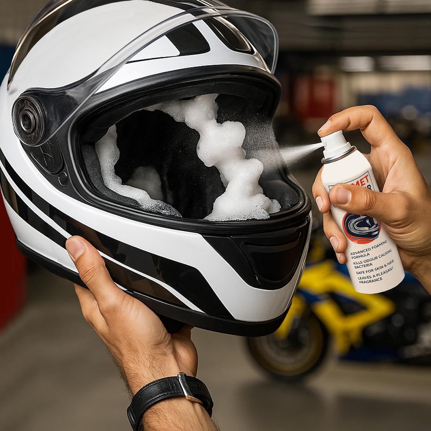 ShineXPro Helmet Cleaner & Microfiber Cloth, Anti-Bacterial Foaming Helmet Cleaning Spray, Safe for Hair & Skin – Helmet Interior Cleaner Removes Bad Odor, Helps Deep Clean with…