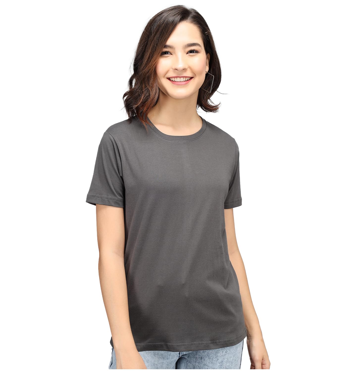 Sleepynuts Women Boyfriend Plain Round Neck Half Sleeve T-Shirt