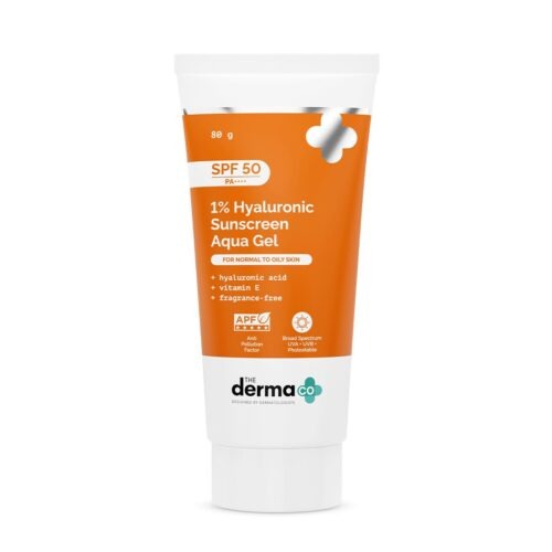The Derma Co 1% Hyaluronic Sunscreen Aqua Gel SPF 50 PA++++ | Hydrating, Lightweight & Non-Greasy | No White Cast | Broad Spectrum & Blue Light Protection | Clinically Tested -...