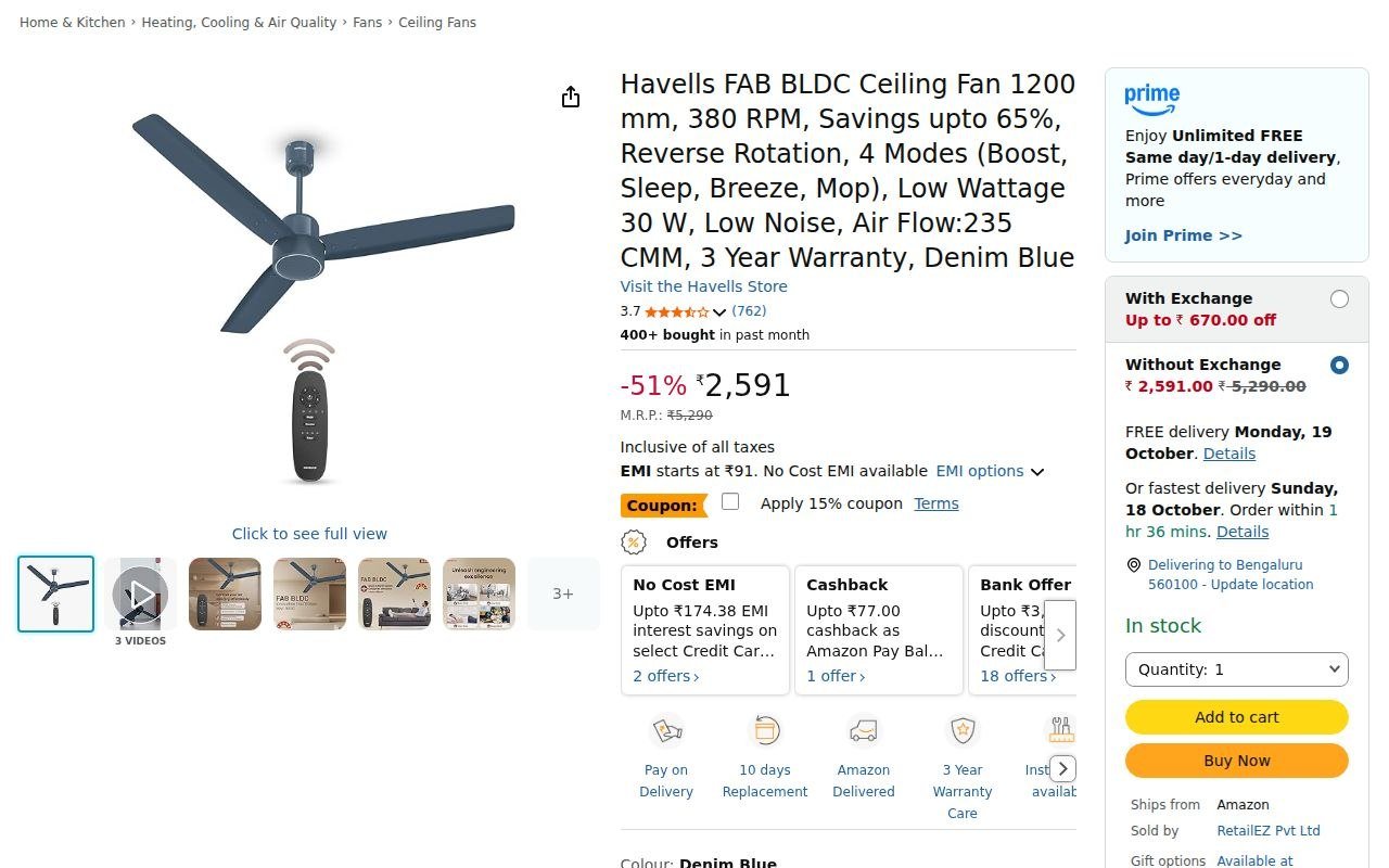 Havells FAB BLDC Ceiling Fan 1200 mm, 380 RPM