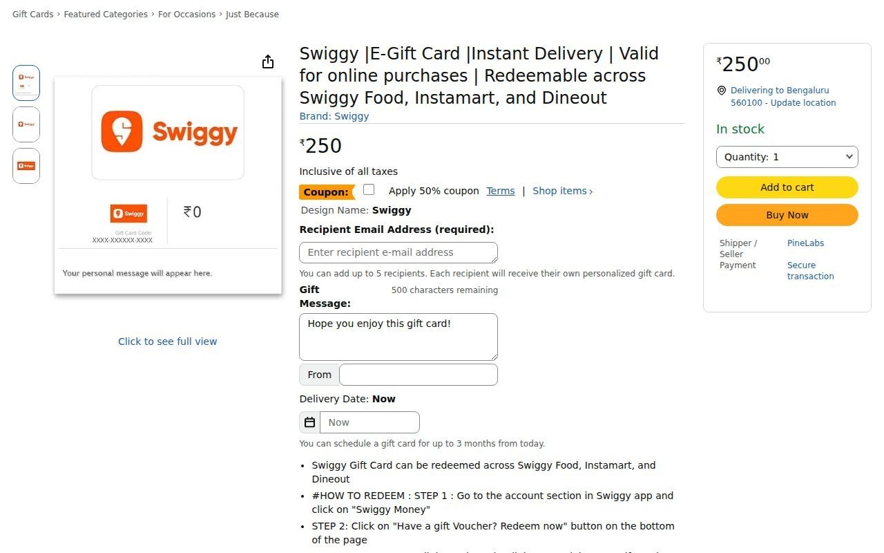 Swiggy E-Gift Card | Instant Delivery | Redeemable