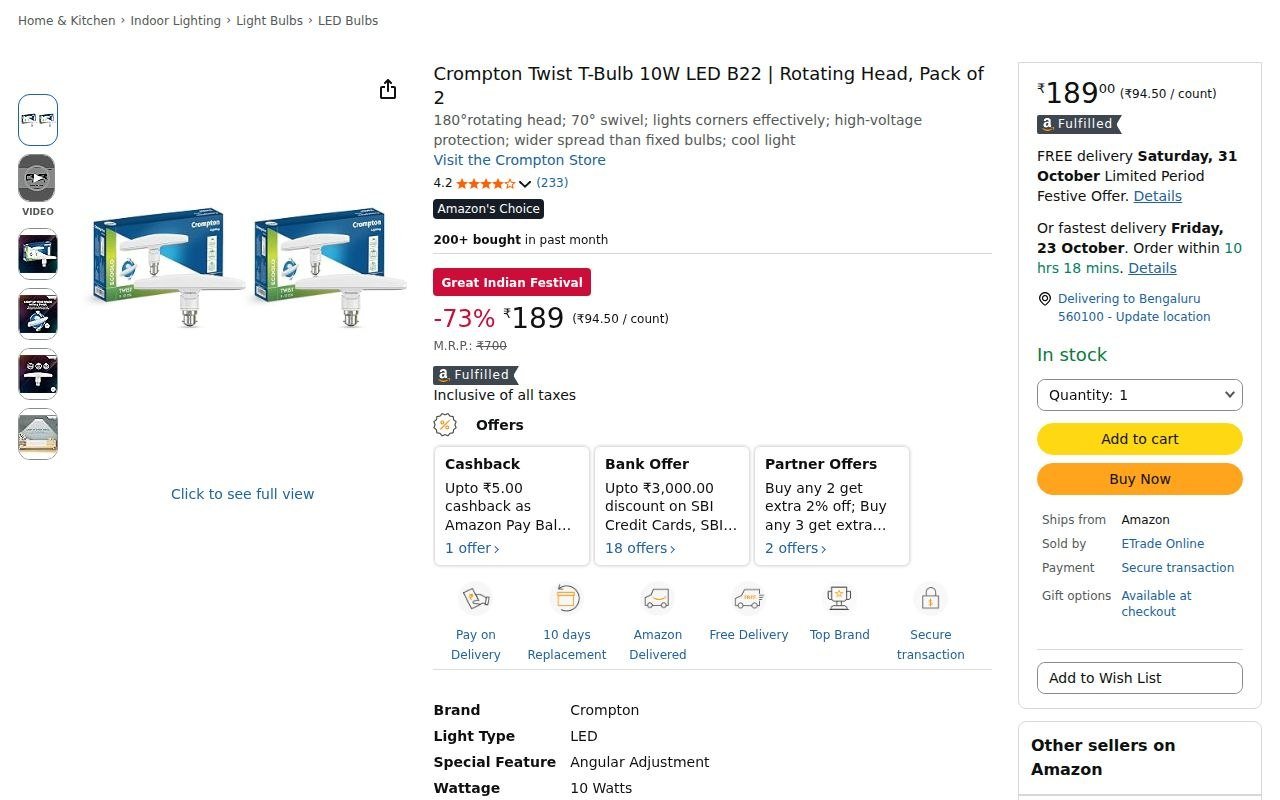 Crompton Twist T-Bulb 10W LED B22, Pack of 2